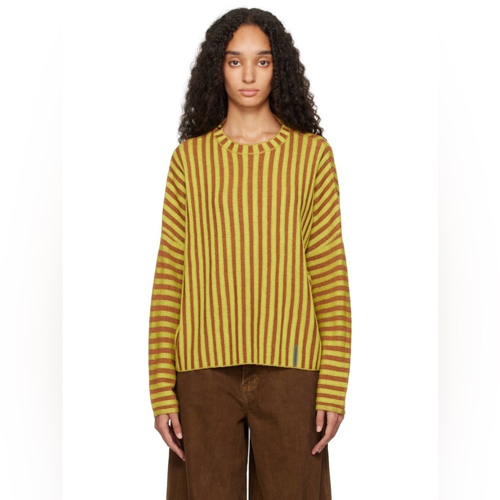 ECKHAUS LATTA Yellow Brown Stripe 100% Merino Wool Knit Crochet Keyboard Sweater - Picture 11 of 15